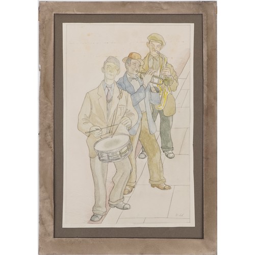 1505 - Karel Lek - Three jazz musicians playing instruments, Welsh ink and watercolour on paper, mounted, u... 