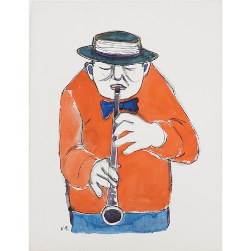 1504 - Karel Lek - Jazz musicians playing instruments, three Welsh ink and watercolours on paper, unframed,... 