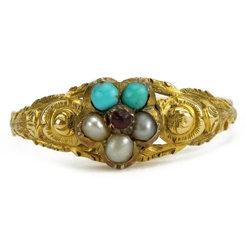 2057 - Victorian unmarked gold seed pearl, turquoise and cabochon red stone flower head ring with scrolled ... 
