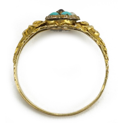 2057 - Victorian unmarked gold seed pearl, turquoise and cabochon red stone flower head ring with scrolled ... 