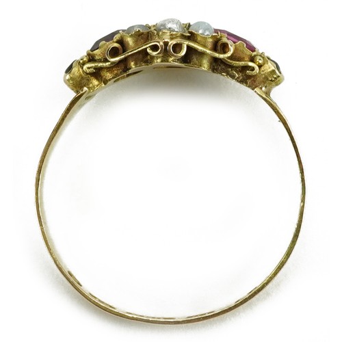 2003 - Victorian 15ct gold ring with engraved band set with a ruby, seed pearls and green stones, Birmingha... 