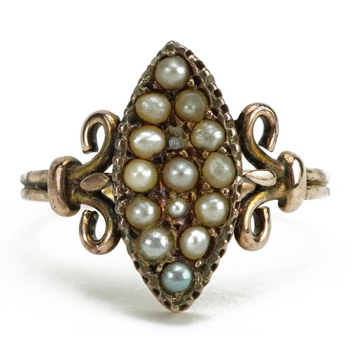 2024 - Edwardian 9ct rose gold seed pearl marquise ring, Chester 1906, size M, 2.0g