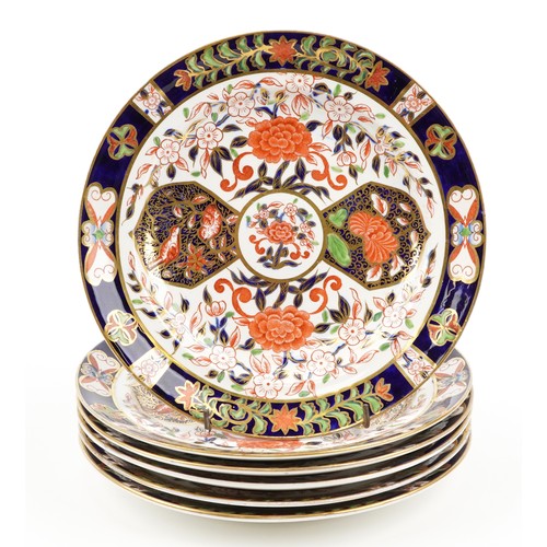 281 - Derby, set of six 19th century cabinet plates decorated in the Imari pattern, each 22.5cm in diamete... 