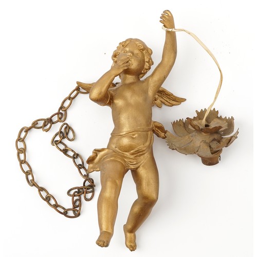 219 - Gilt metal cherub design light pendant, the cherub 30cm high