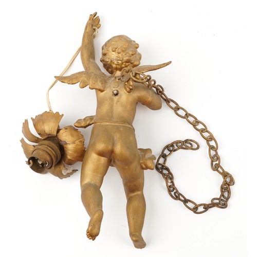 219 - Gilt metal cherub design light pendant, the cherub 30cm high