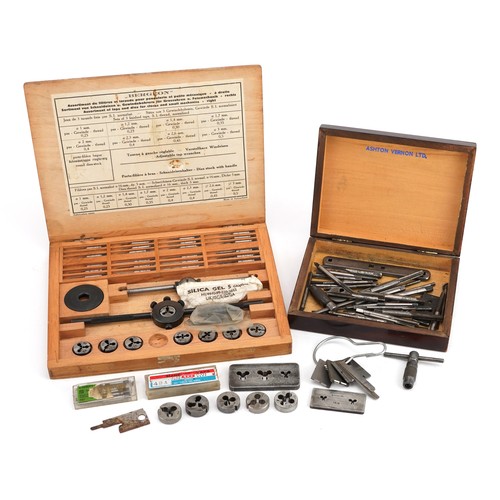 585 - Bergeon, vintage tap and die stock set with handle and a collection of other loose taps and dies