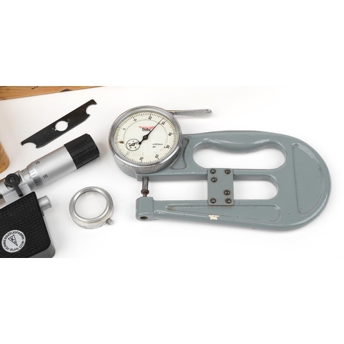 589 - Vintage watchmaker's tools comprising Stella Economic watch crystal glass remover and two gauges inc... 