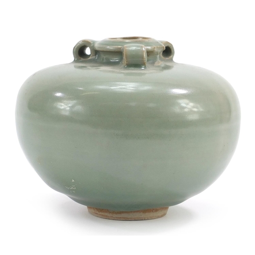 195 - Chinese porcelain three handled jar having a celadon glaze, 10cm high