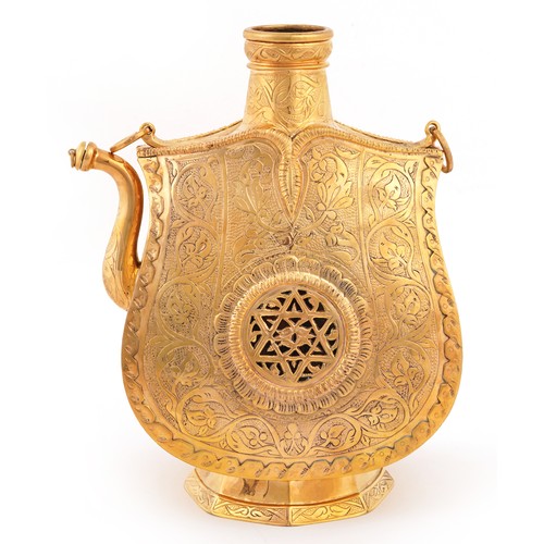 66 - Turkish Ottoman Tombak pottery water flask or Matara engraved with flowers, later gilded, 28cm high