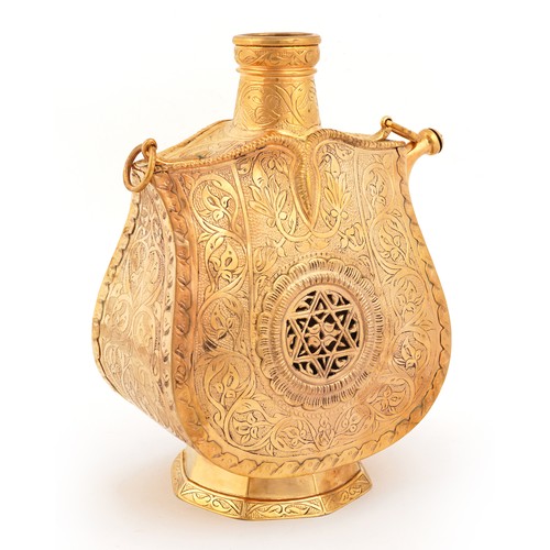 66 - Turkish Ottoman Tombak pottery water flask or Matara engraved with flowers, later gilded, 28cm high