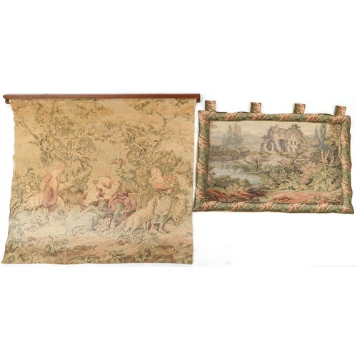 1501 - Two tapestries woven with a watermill and figures before a landscape, the largest 90cm x 97cm