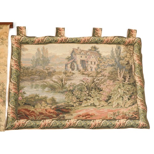 1501 - Two tapestries woven with a watermill and figures before a landscape, the largest 90cm x 97cm