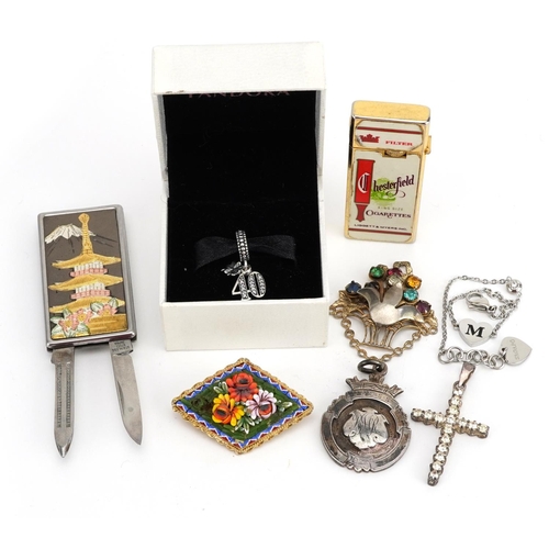 2635 - Costume jewellery and sundry items including Pandora 40 charm, silver fob, silver cross pendant and ... 