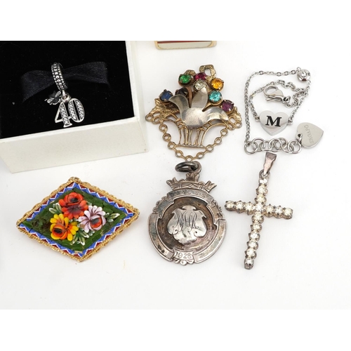 2635 - Costume jewellery and sundry items including Pandora 40 charm, silver fob, silver cross pendant and ... 