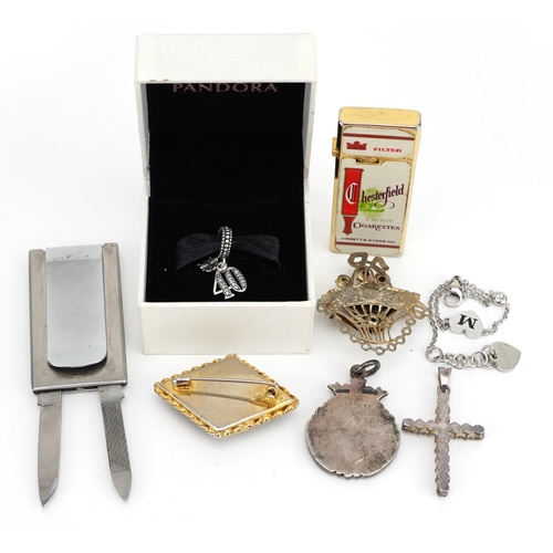 2635 - Costume jewellery and sundry items including Pandora 40 charm, silver fob, silver cross pendant and ... 