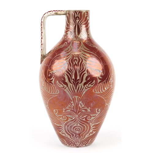 27 - William De Morgan for Sands End Pottery, Large Arts & Crafts ruby lustre ewer decorated with stylise... 