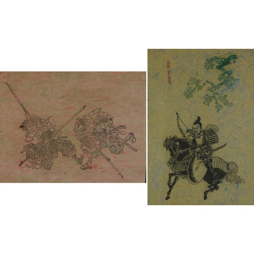 1700 - Archer on horseback and warriors, two Japanese prints, one with character marks, mounted, framed and... 