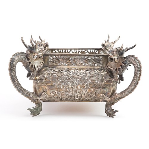 17 - Hung Chong & Co, Good Chinese export silver bowl with glass liner and four dragon handles, profusely... 