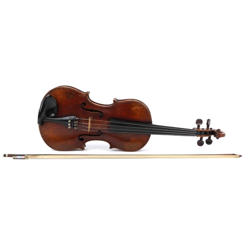 523 - Old wooden violin with bow, the violin back 14 inches in length