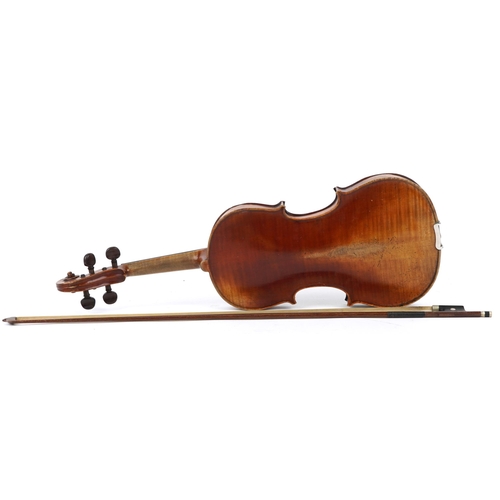 523 - Old wooden violin with bow, the violin back 14 inches in length