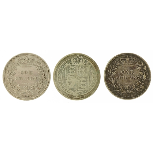 550 - Three William IV and later silver shillings comprising 1836, 1838 no die number WW on trun and 1889