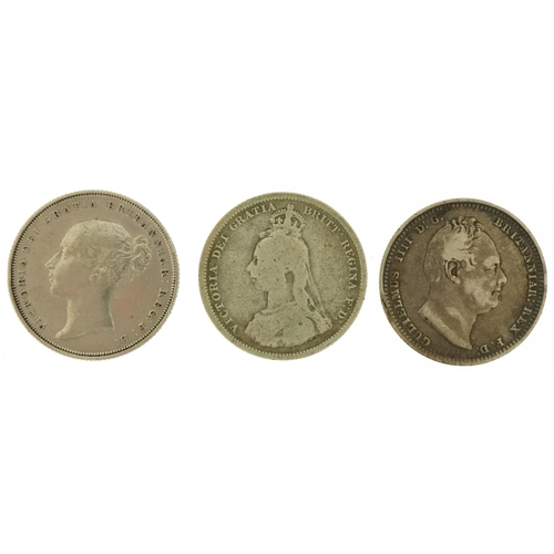 550 - Three William IV and later silver shillings comprising 1836, 1838 no die number WW on trun and 1889