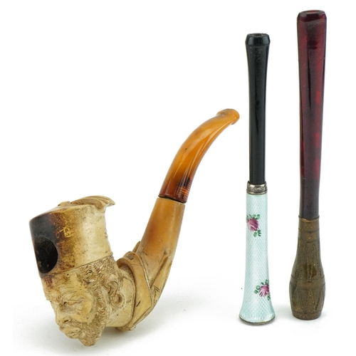 242 - 19th century Meerschaum smoking pipe with amber coloured mouthpiece in the form of a man wearing a f... 