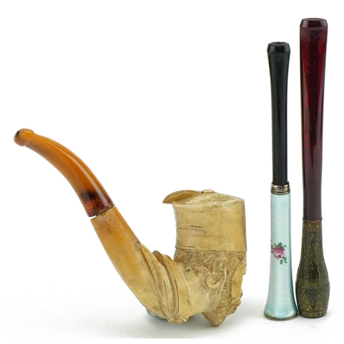 242 - 19th century Meerschaum smoking pipe with amber coloured mouthpiece in the form of a man wearing a f... 