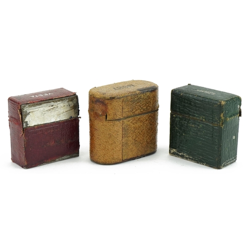 301 - Three early 20th century leather cased metal vestas with leather overlay impressed Vesta and Light, ... 