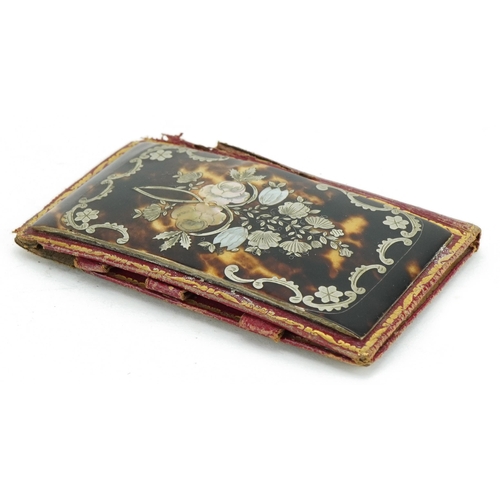 190 - Victorian blond tortoiseshell and tooled Moroccan leather aide memoire with metal and mother of pear... 