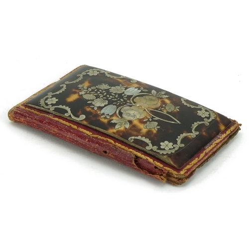 190 - Victorian blond tortoiseshell and tooled Moroccan leather aide memoire with metal and mother of pear... 