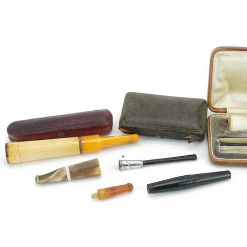 244 - Eight late 19th/early 20th century cigarette holders including butterscotch amber and cherry amber c... 