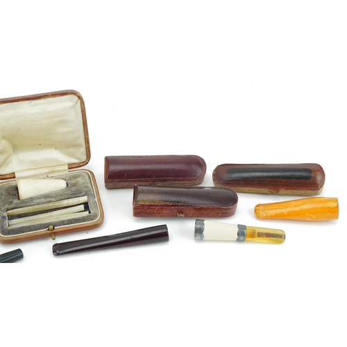 244 - Eight late 19th/early 20th century cigarette holders including butterscotch amber and cherry amber c... 