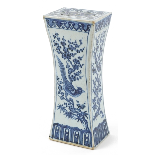 385 - Chinese blue and white porcelain opium pillow hand painted with panels of birds on branches and flow... 