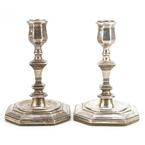 73 - Hawksworth, Eyre & Co Ltd, pair of George V octagonal silver candlesticks, Sheffield 1921, 16cm high... 