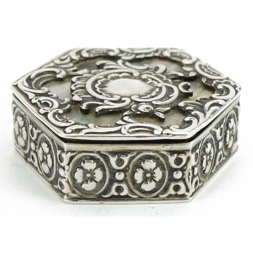 422 - German hexagonal silver and abalone patch box with hinged lid, 4.5cm wide, 35.0g