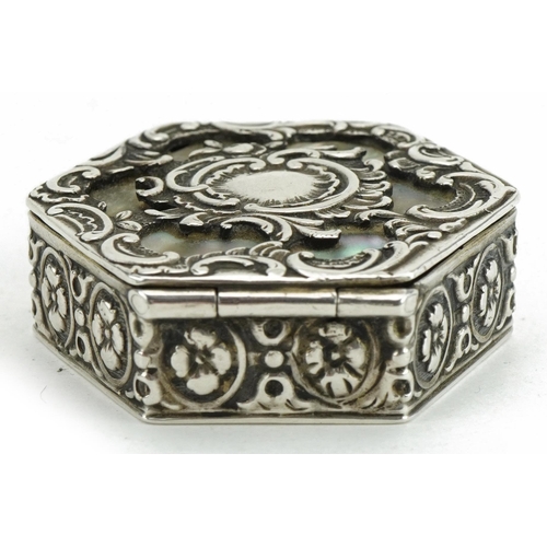 422 - German hexagonal silver and abalone patch box with hinged lid, 4.5cm wide, 35.0g