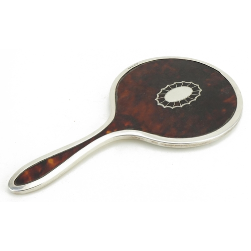 428 - Levi & Salaman, George V silver and tortoiseshell pique work hand mirror, London 1918, 25.5cm in len... 