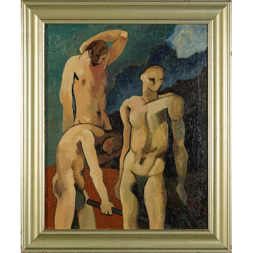 375 - After Keith Vaughan - Three nude males, Modern British school oil on canvas, mounted and framed, 43.... 