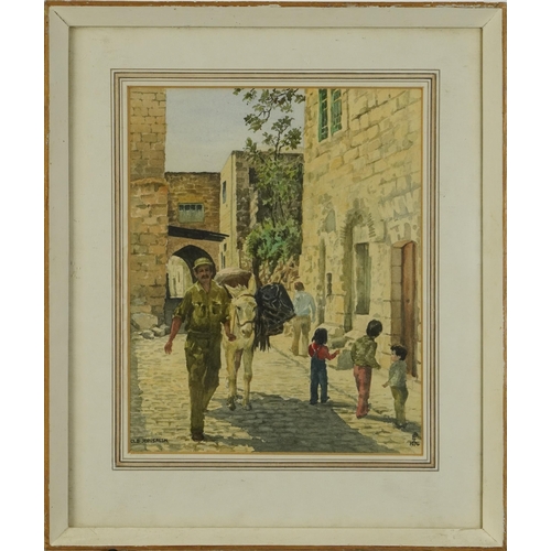 230 - Jerusalem street scene with soldier and donkey, watercolour, inscribed Old Jerusalem and monogrammed... 