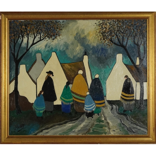 292 - Manner of Markey Robinson - Shawlies in village, Irish school oil on canvas, mounted and framed, 54c... 