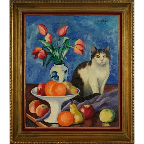 229 - After Samuel Peploe - Still life, flowers, fruit and seated cat, Scottish Colourist oil on canvas, m... 