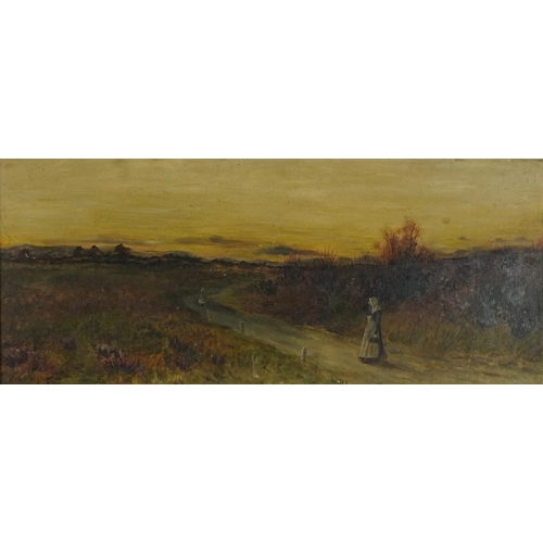 1724 - Moorland landscape with mother and child, 20th century oil on board, mounted and framed, 52cm x 21cm... 