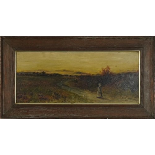 1724 - Moorland landscape with mother and child, 20th century oil on board, mounted and framed, 52cm x 21cm... 