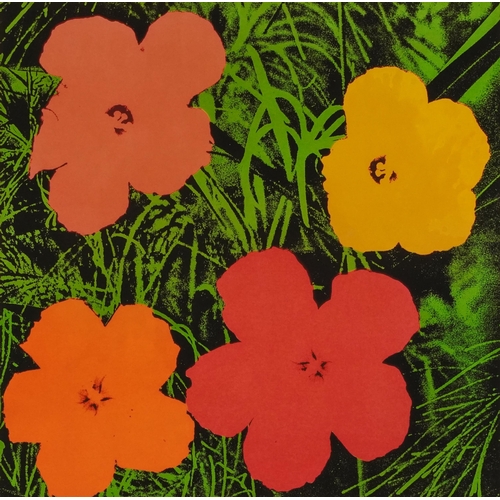 520 - Manner of Andy Warhol - Flowers, signed Pop Art print in colour, mounted, framed and glazed, 58cm x ... 