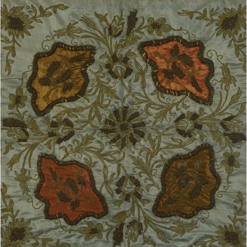 86 - Antique floral embroidery with metallic thread, possibly 18th century, mounted, framed and glazed, 4... 