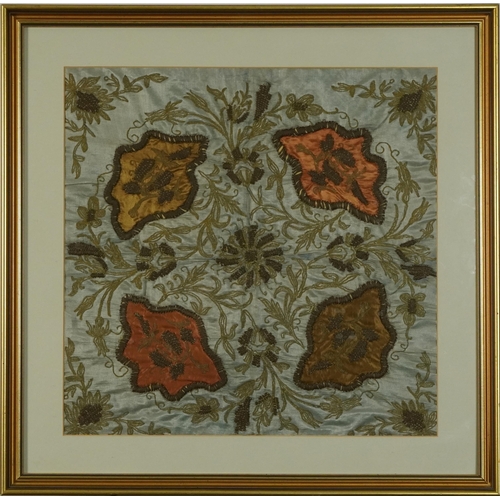 86 - Antique floral embroidery with metallic thread, possibly 18th century, mounted, framed and glazed, 4... 