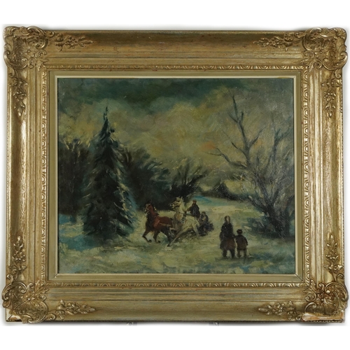 378 - Cossacks and horses in a winter landscape, Russian school oil on canvas, The Rowley Gallery label an... 