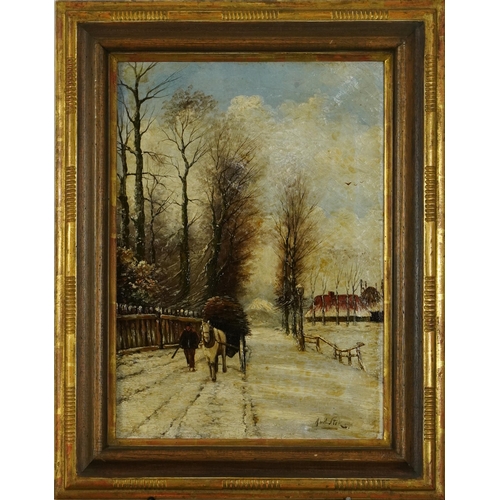 291 - Manner of Jacobus Van Der Stok - Winter landscape with horse and cart, 19th century Dutch oil on can... 