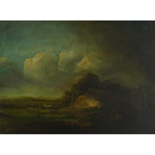 1725 - Rural landscape, Old Master style oil on board housed in an embossed Art Nouveau style brass frame, ... 